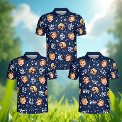 Front view of the personalized navy father polo shirt with golf icons and photos