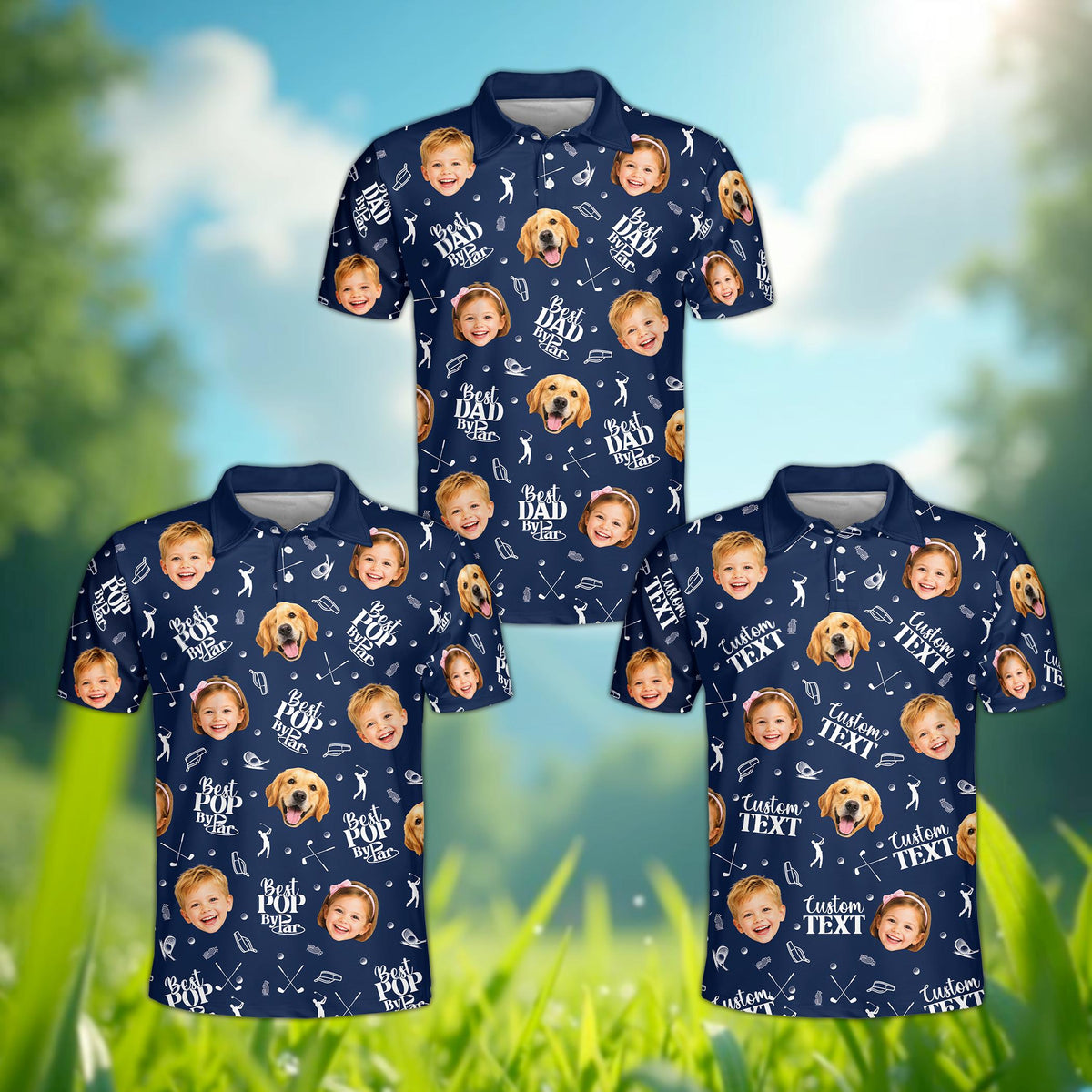 Navy father polo shirt featuring dog and golf photo pattern with custom name and number