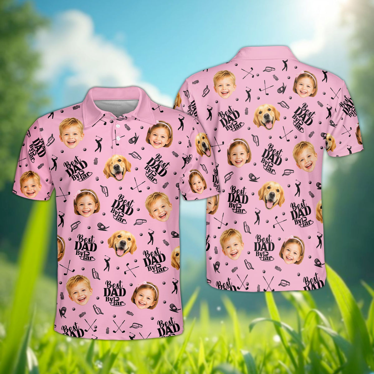 Front view of the personalized pink father polo shirt with dog and golf design