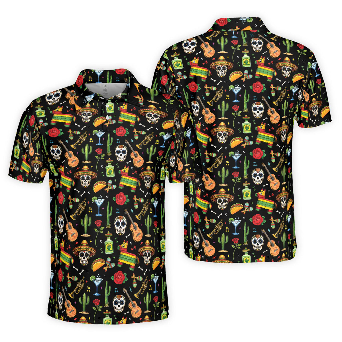 Black polo shirt with festive fiesta print, front view