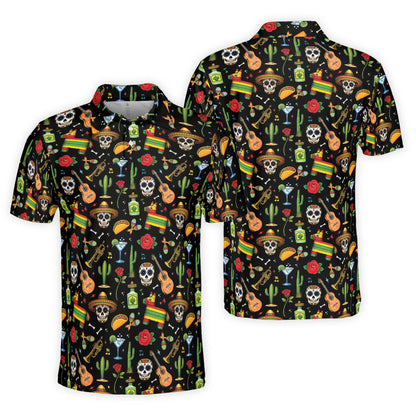 Black polo shirt with festive fiesta print, front view