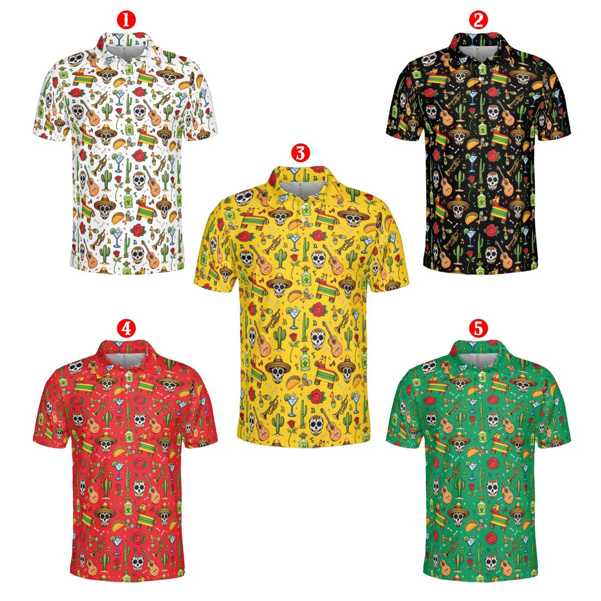White fiesta polo shirt featuring sugar skulls and tacos, front view
