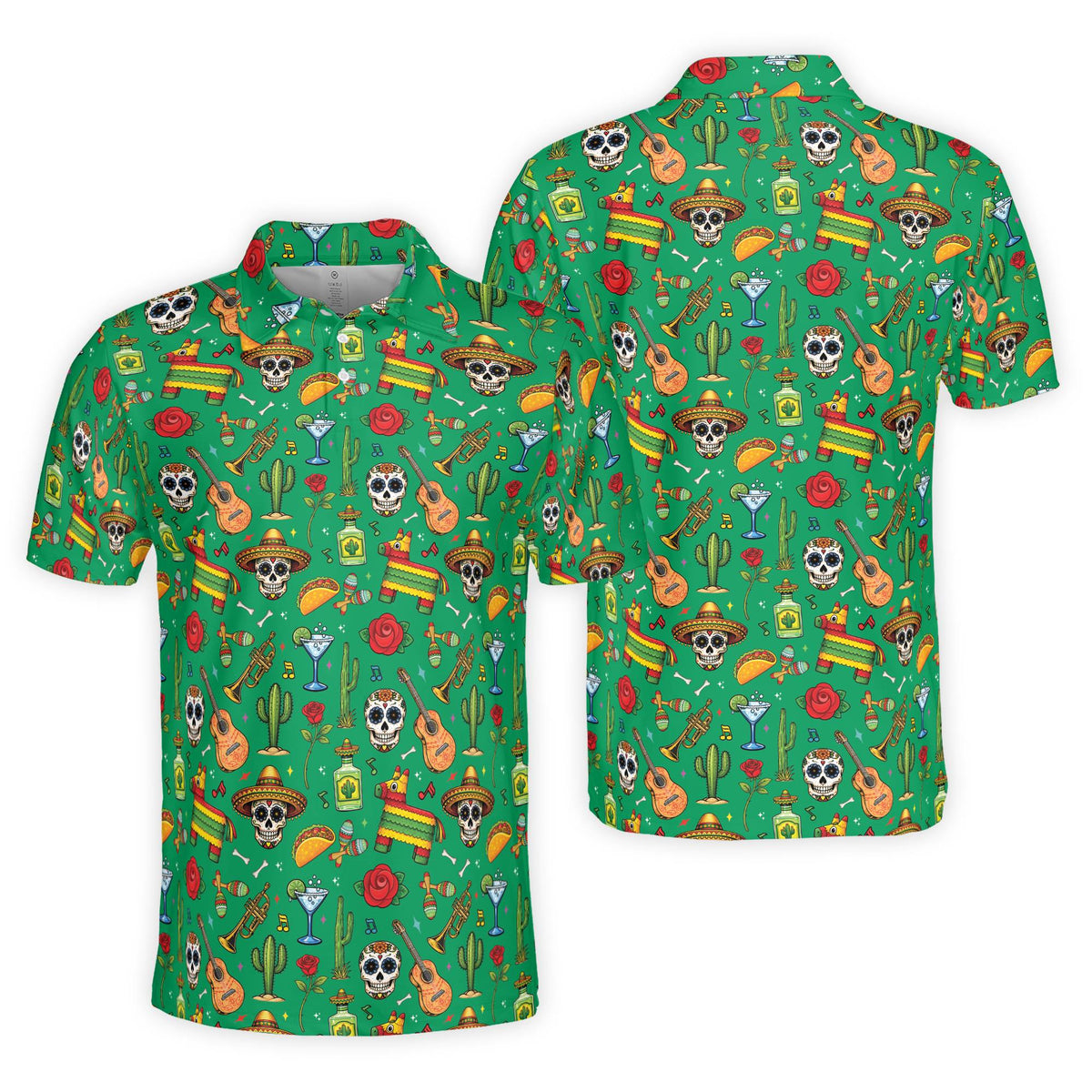 Green polo shirt with festive fiesta print, front view