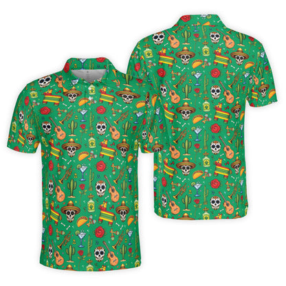 Green polo shirt with festive fiesta print, front view