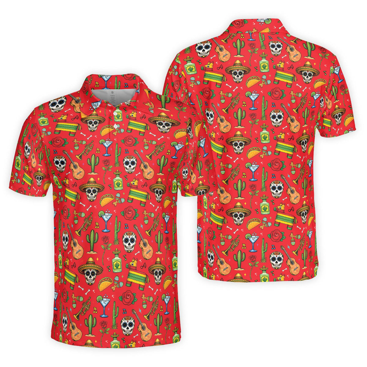 Red polo shirt with festive fiesta print, front view