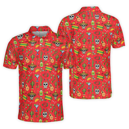 Red polo shirt with festive fiesta print, front view