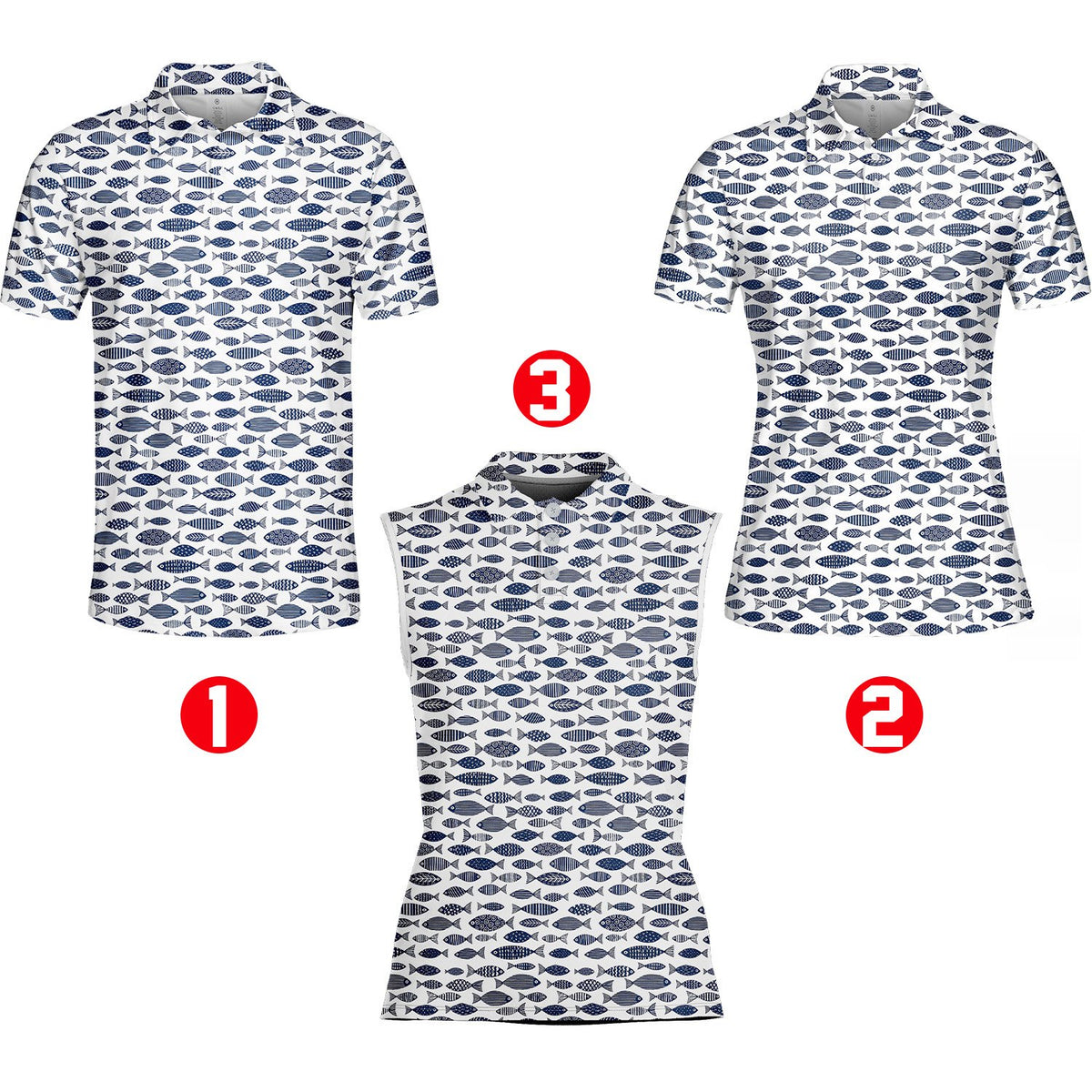 Additional front view of the adult white fish polo shirt