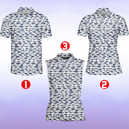 Detailed front view of the white fish polo shirt collar and navy fish design