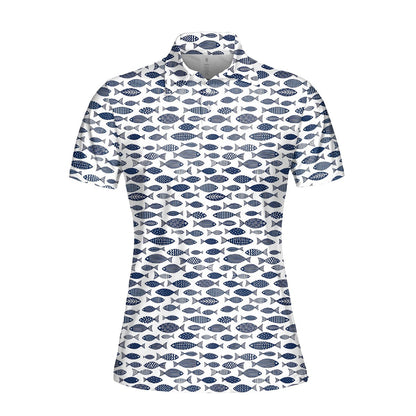 White fish polo shirt featuring an all-over repeating hand-drawn navy blue fish pattern, main view
