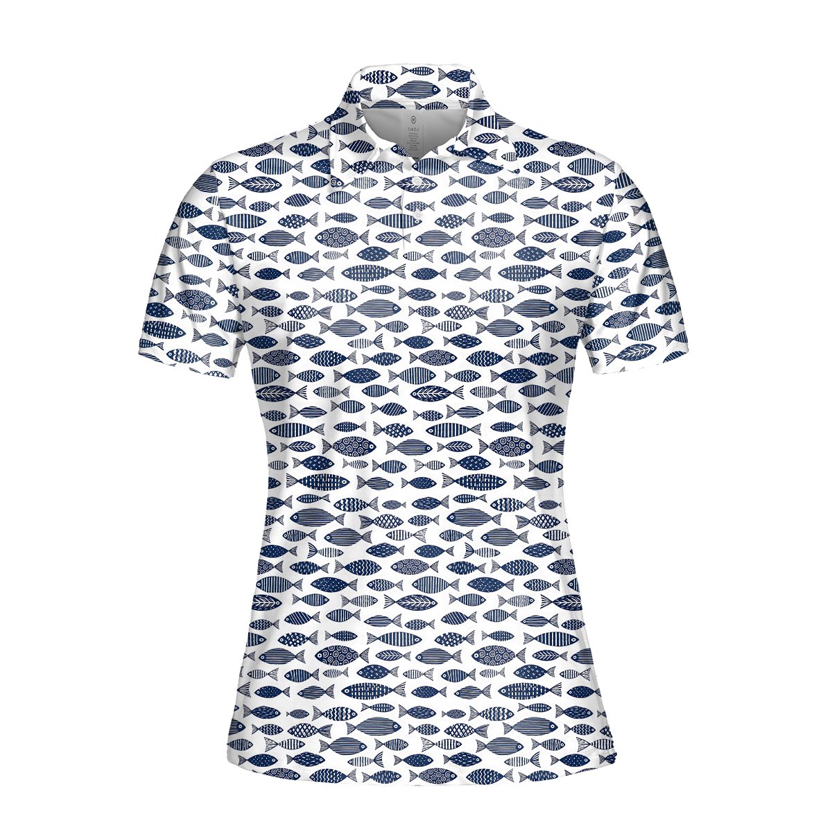 Front view of the white fish polo shirt with stylized navy fish pattern