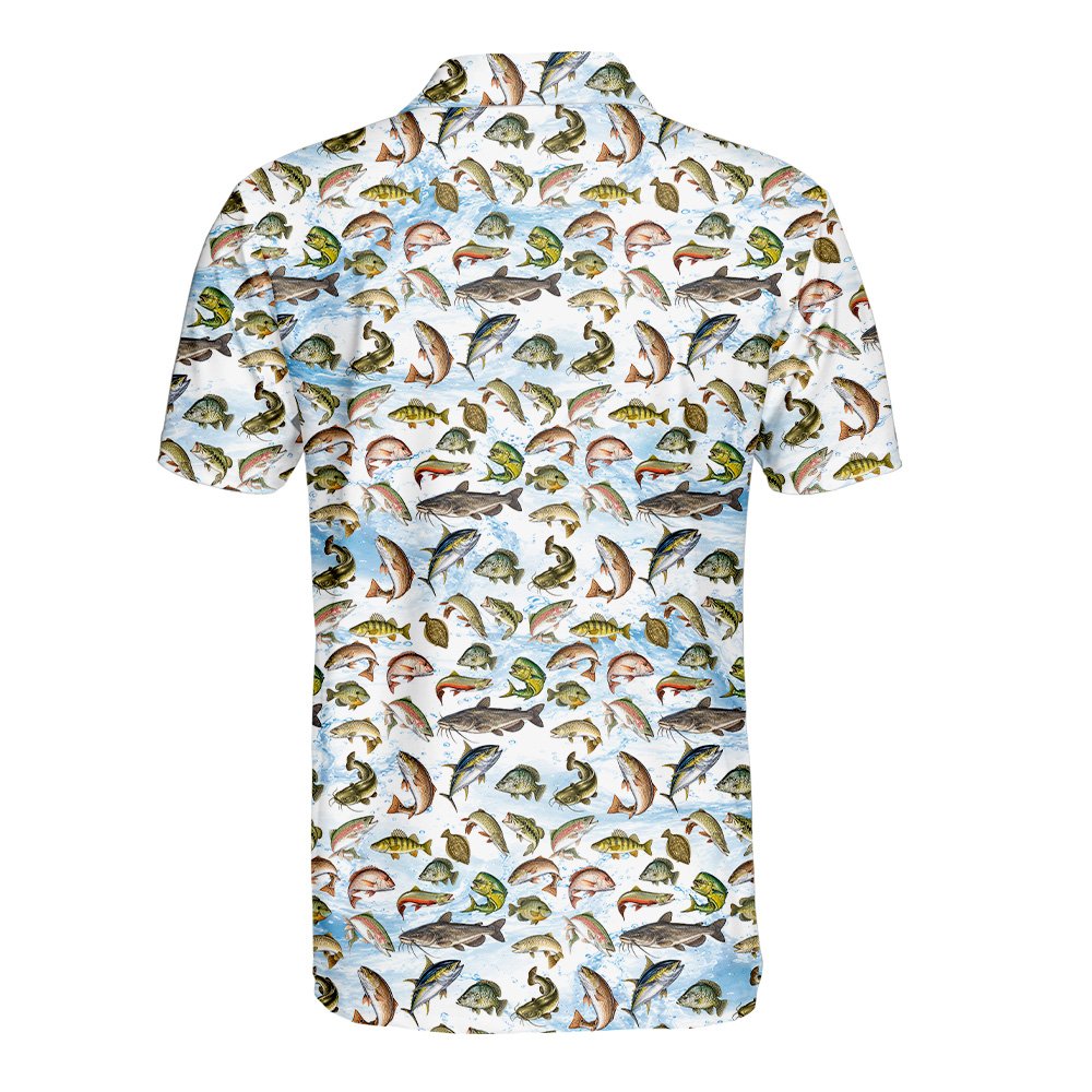 White fishing polo shirt with fish species pattern, back view