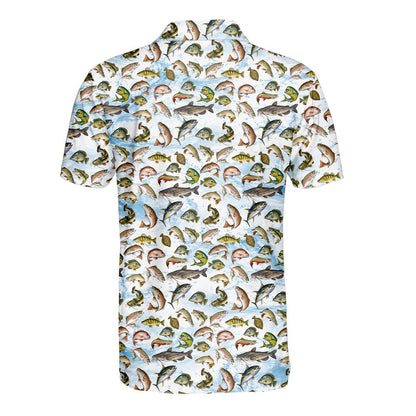 White fishing polo shirt with fish species pattern, back view