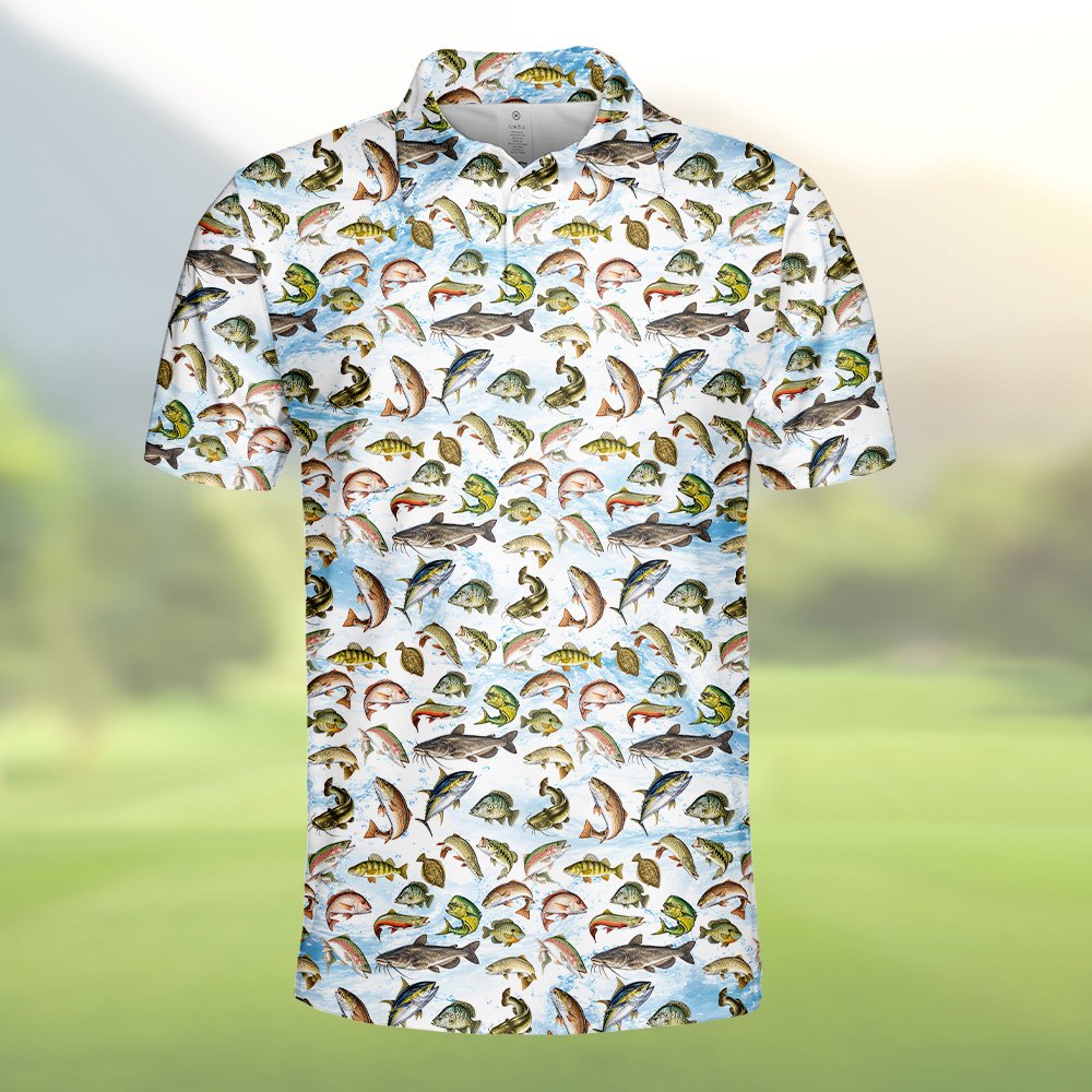 White fishing polo shirt with fish species pattern, alternate main front view