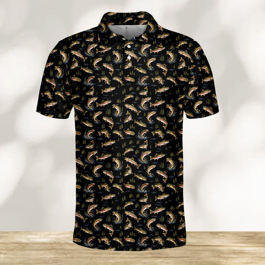 Black fishing polo shirt featuring jumping trout and pine trees on a black background, main view