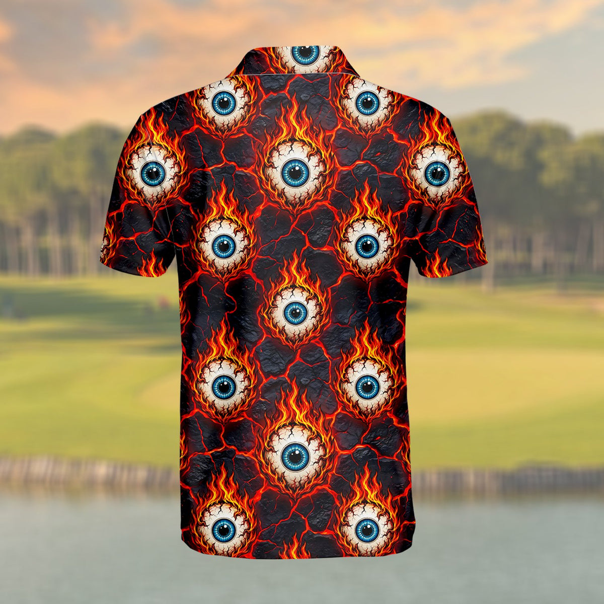 Flame eyeball polo shirt back view alternate angle