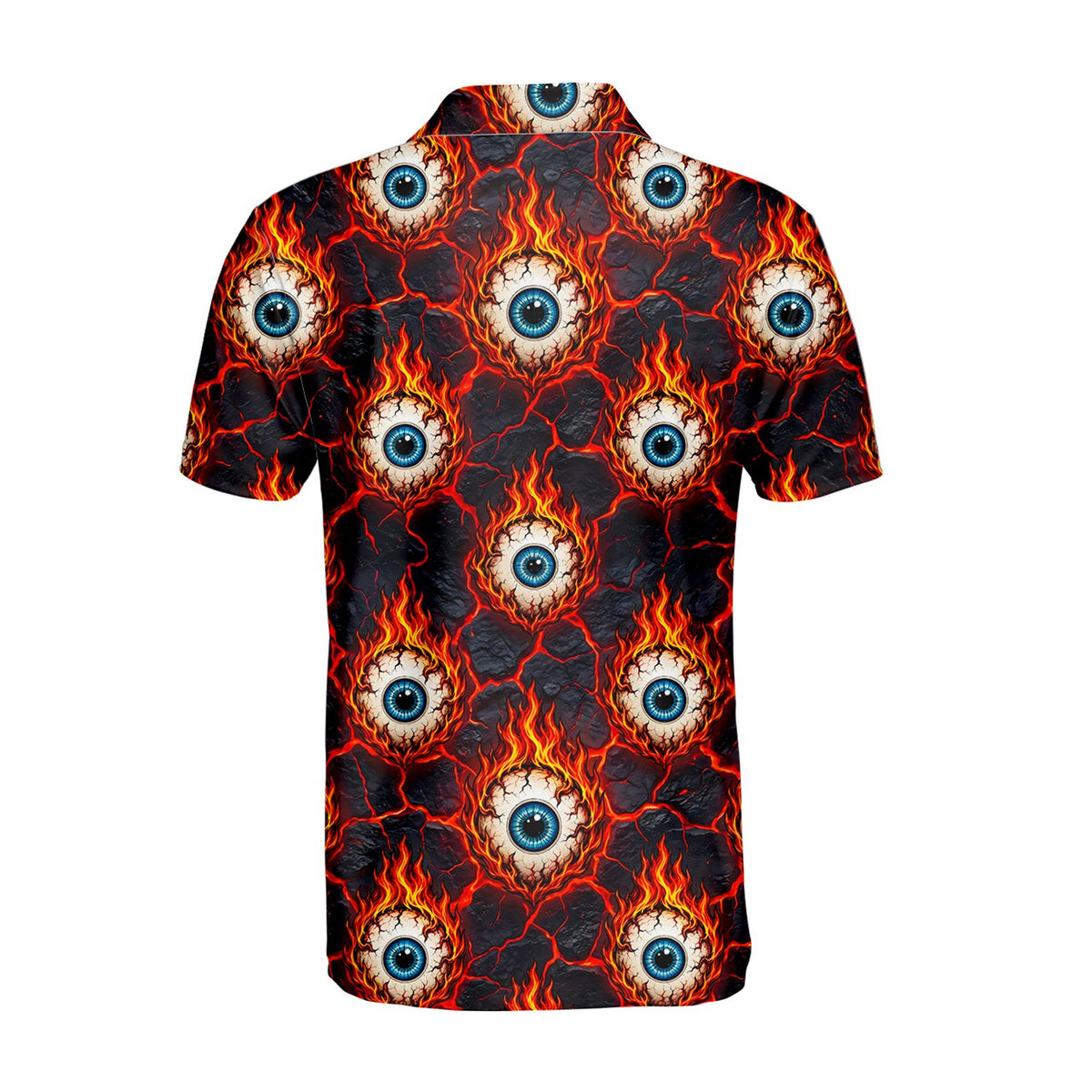 Flame eyeball polo shirt back view showing continuing cracked lava pattern