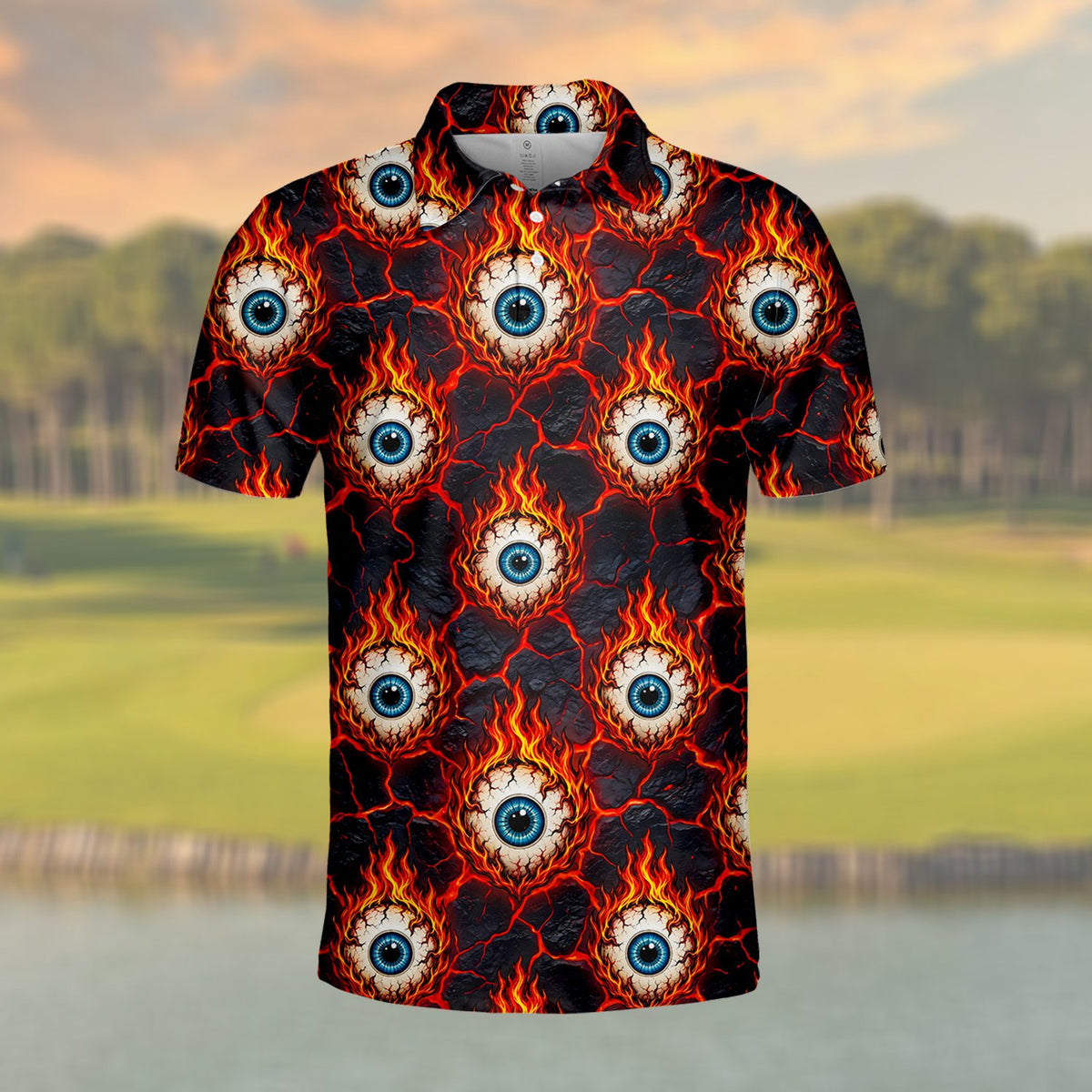 Flame eyeball polo shirt with blue eyes and orange flames on cracked dark background, front view