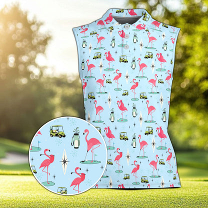 Blue background version of the flamingo golf polo shirt, front view