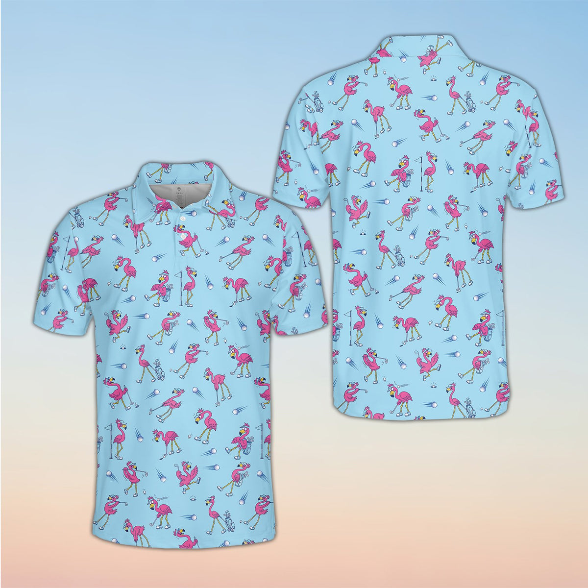 Front view of flamingo print polo shirt in blue