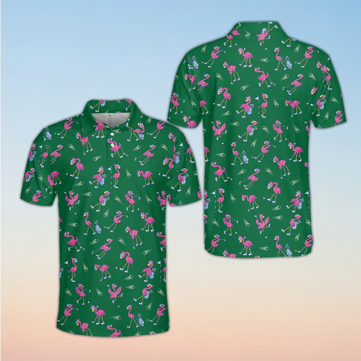 Front view of flamingo print polo shirt in green