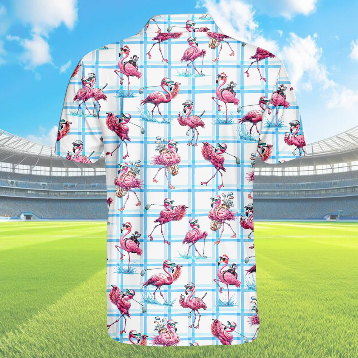 Back view of the flamingo polo shirt mens design