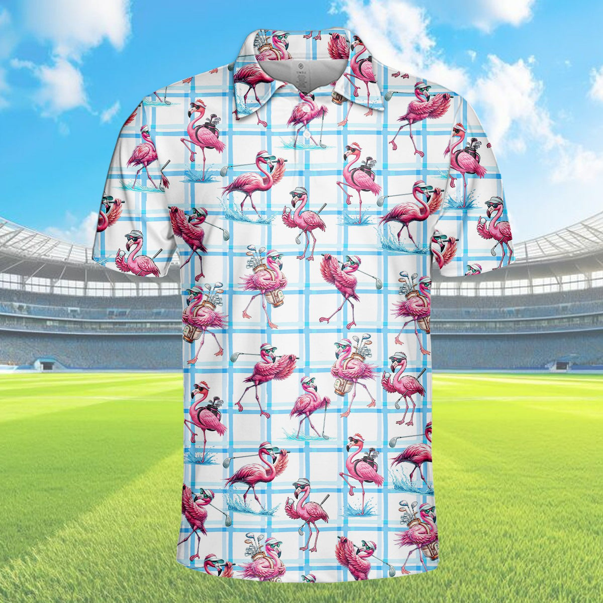 Secondary front view of the flamingo print polo shirt