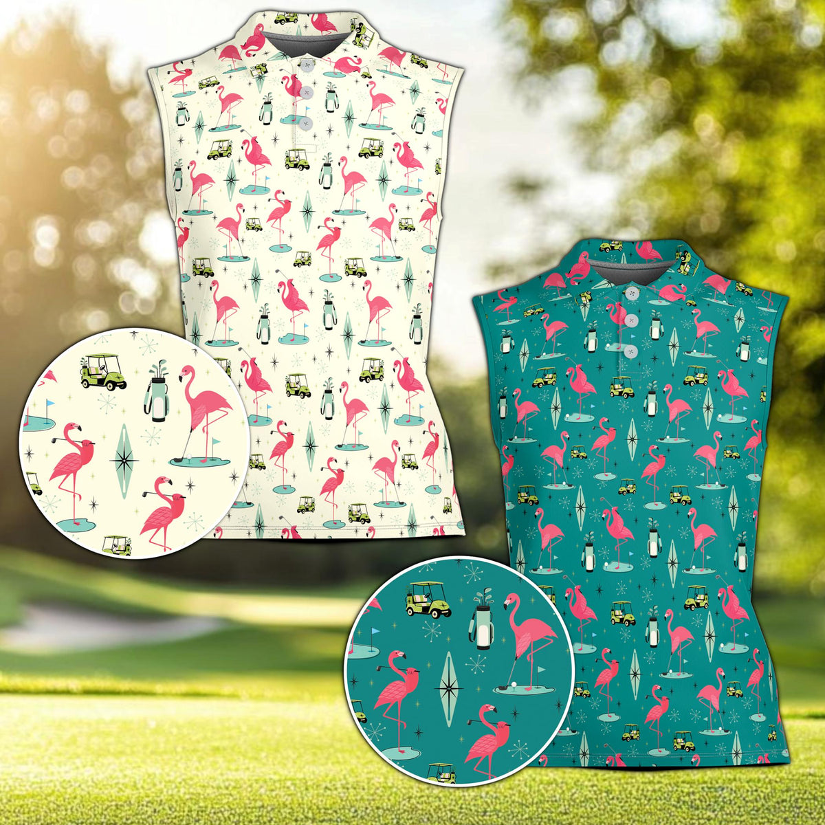 Mens flamingo polo shirt showing all-over golf cart and flamingo pattern, front view