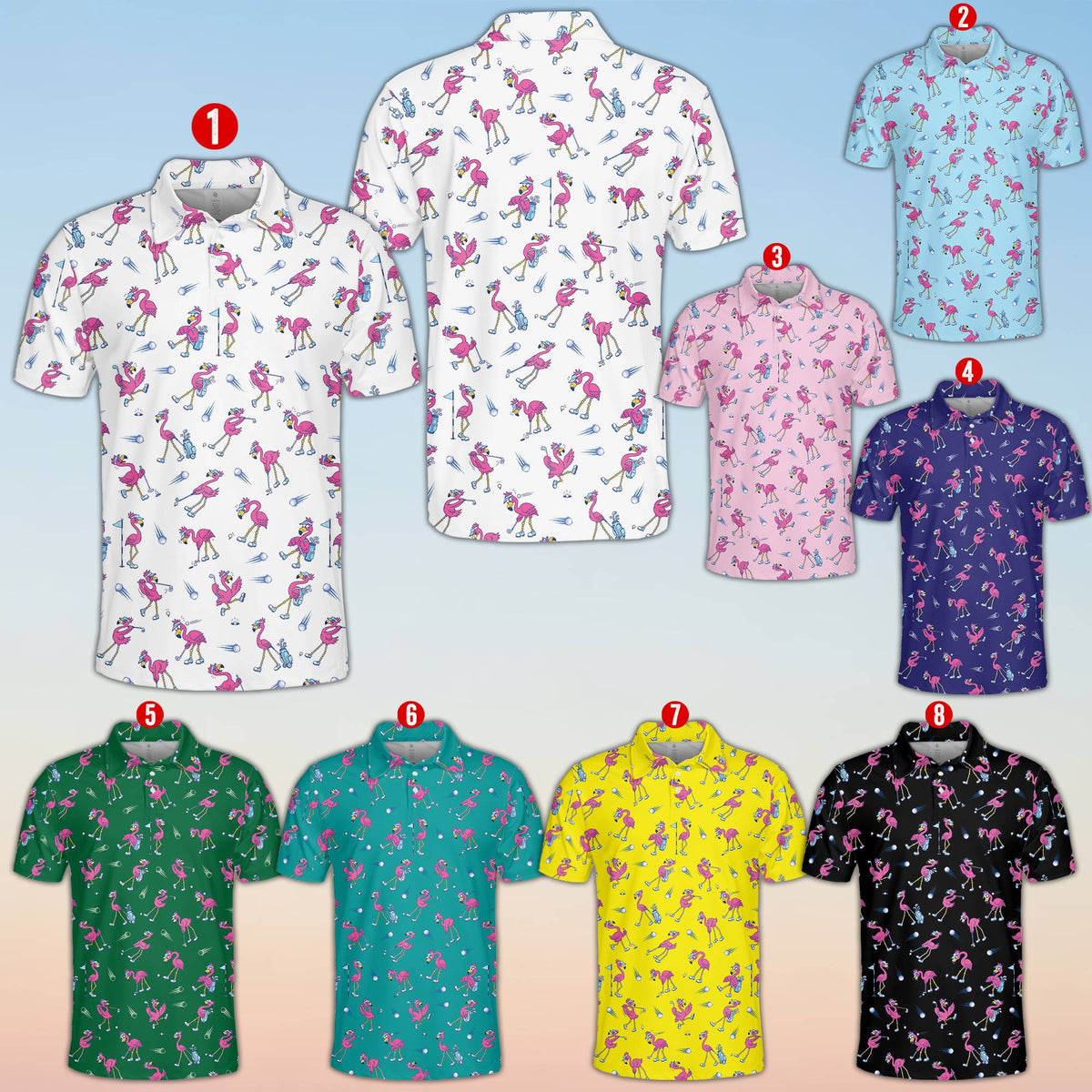 Front view of mens flamingo polo shirt in multicolor pattern