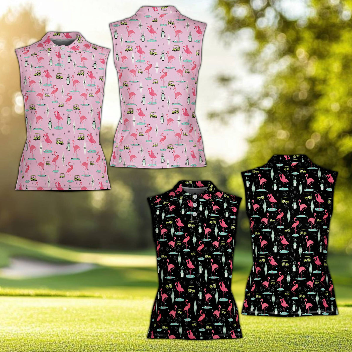 Multicolor front view of the flamingo golf polo shirt