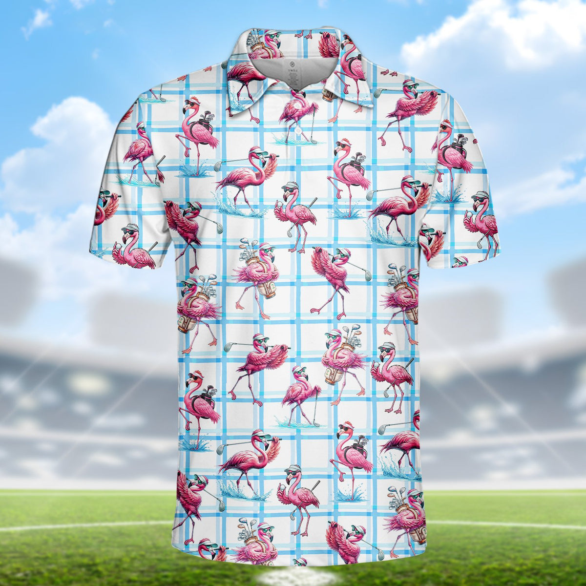 Tertiary front view of the white flamingo polo shirt