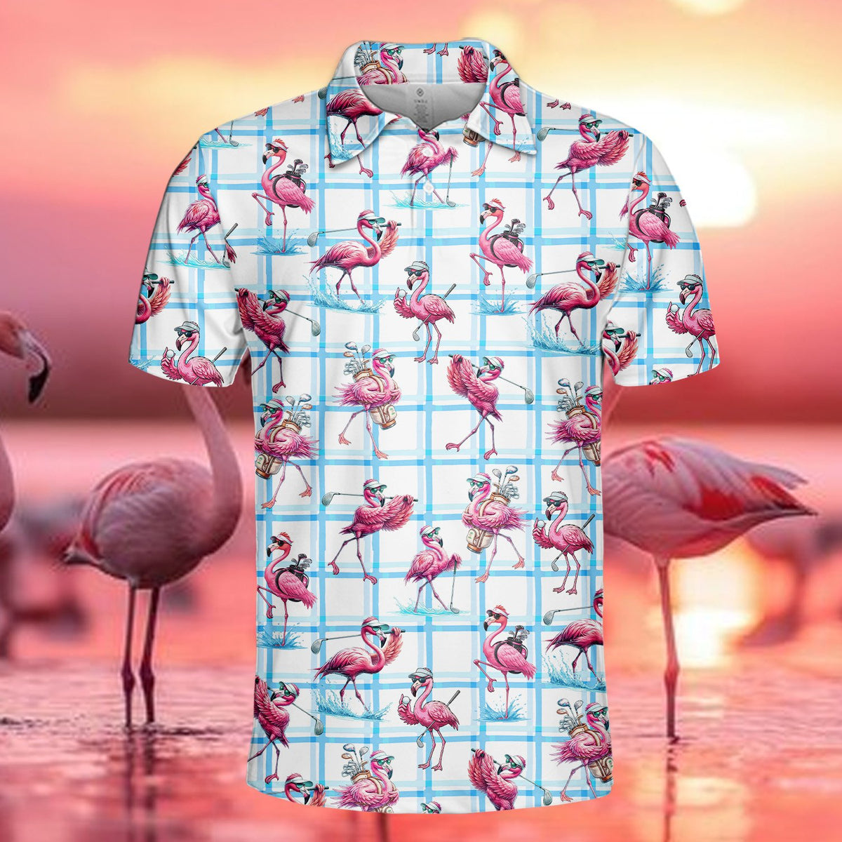 Fourth front view of the pink flamingo polo shirt