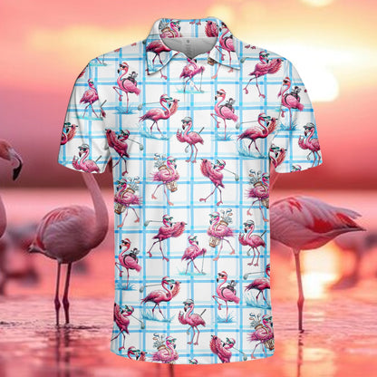 Fourth front view of the pink flamingo polo shirt