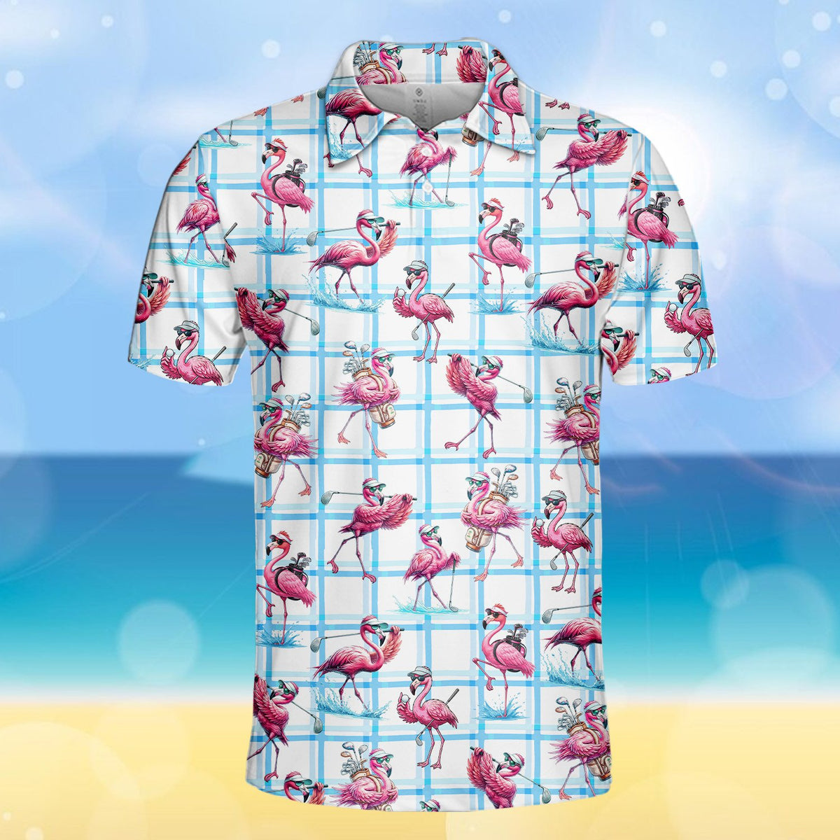Close-up main view of the white flamingo polo shirt
