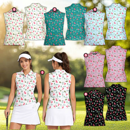Lifestyle view of the flamingo polo shirt worn by an adult