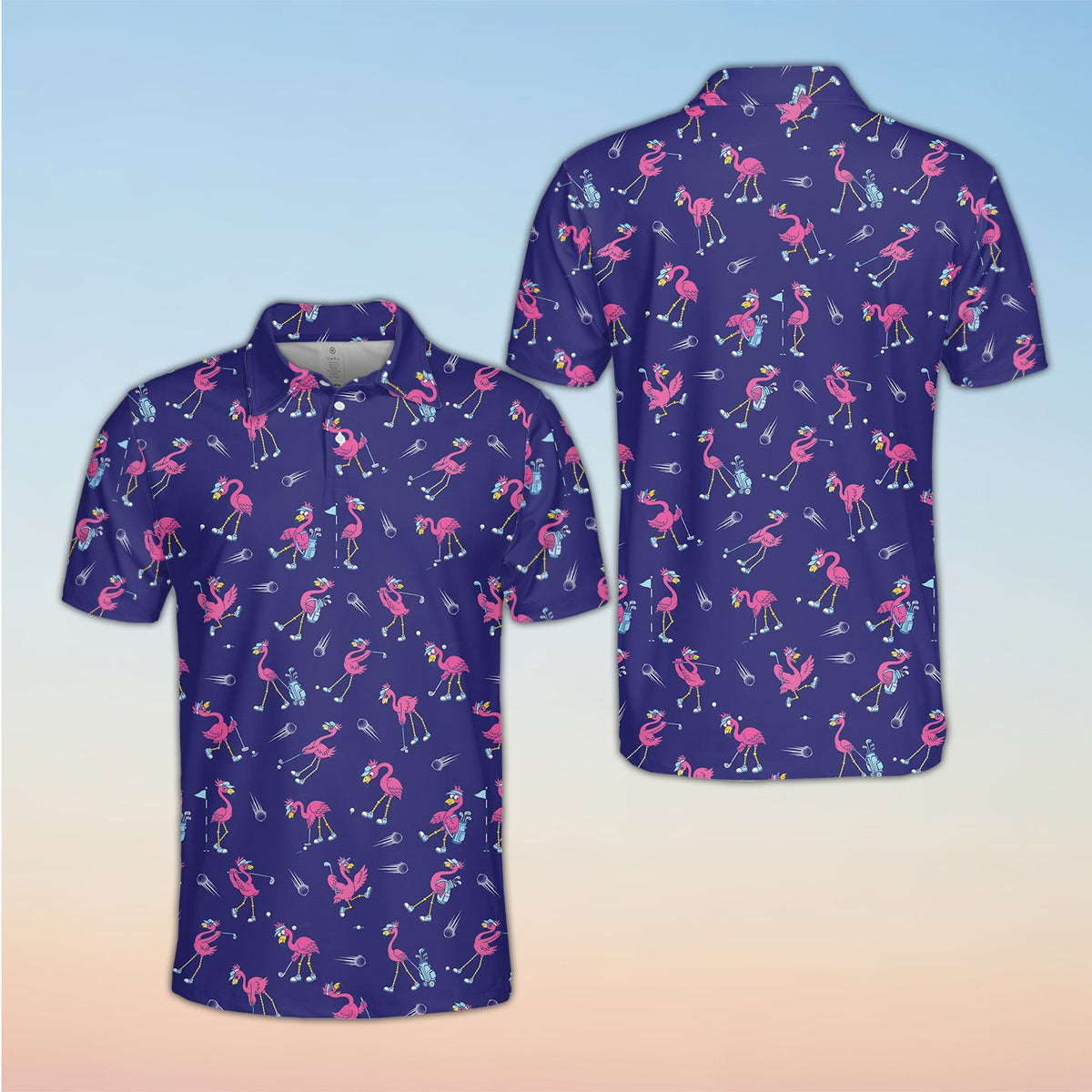 Front view of flamingo print polo shirt in navy