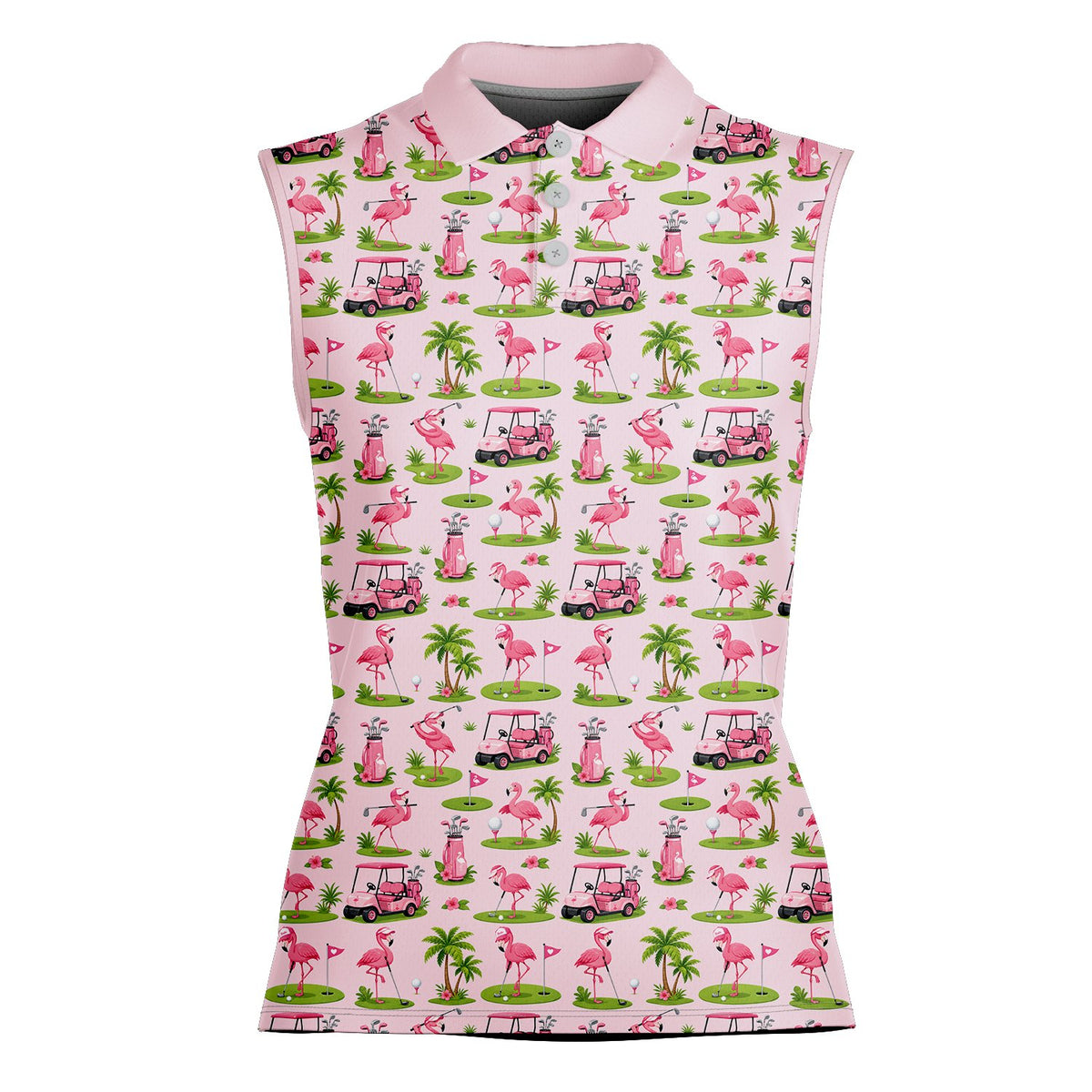 Light pink flamingo polo shirt with tropical golf print, front view 2