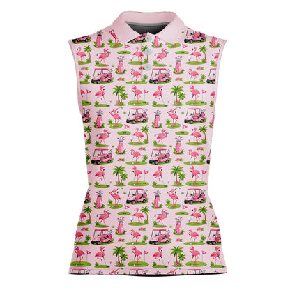 Light pink flamingo polo shirt with tropical golf print, front view 2
