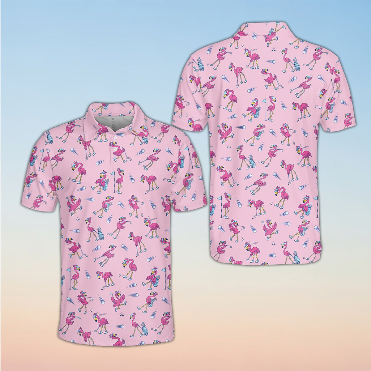 Front view of flamingo print polo shirt in pink