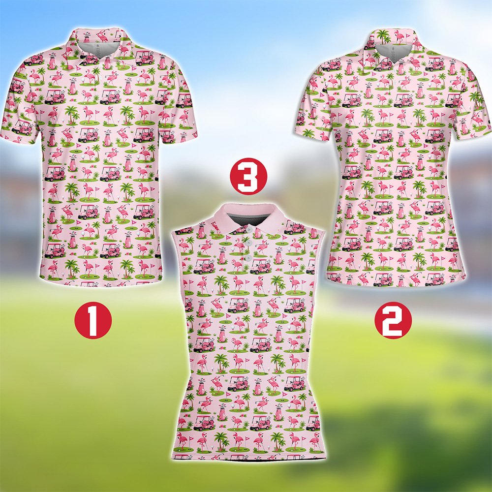 Light pink flamingo polo shirt with tropical golf print, front view 3