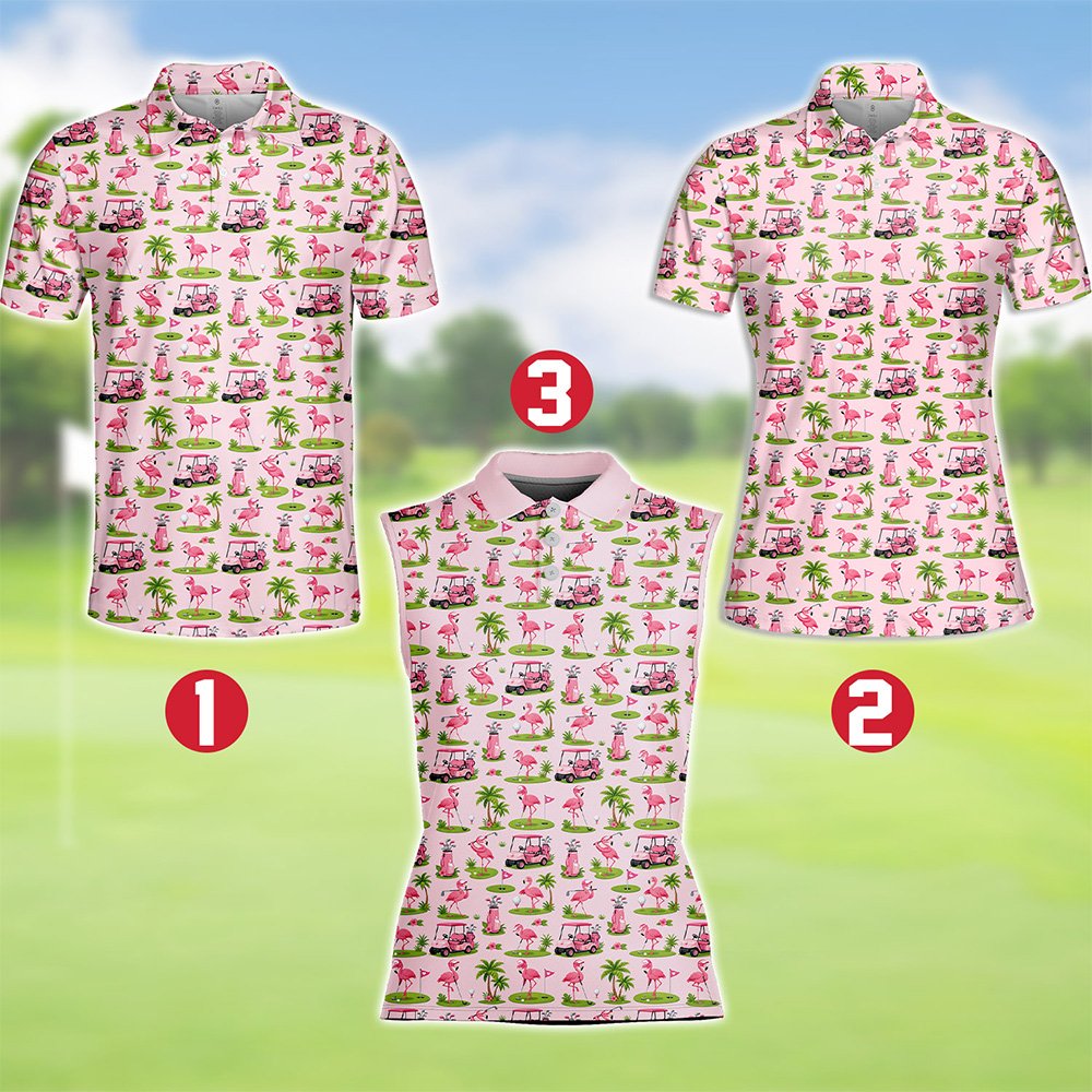 Light pink flamingo polo shirt with tropical golf print, front view 4
