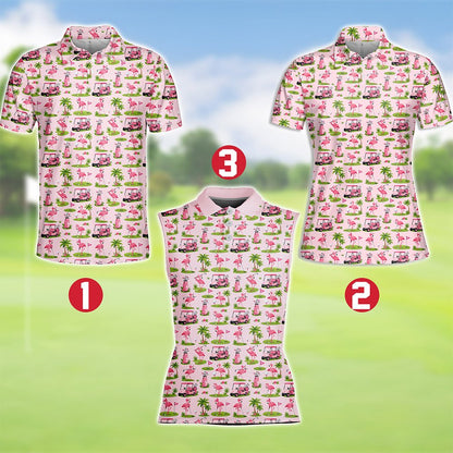 Light pink flamingo polo shirt with tropical golf print, front view 4