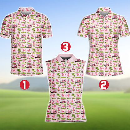 Light pink flamingo polo shirt with tropical golf print, front view 5