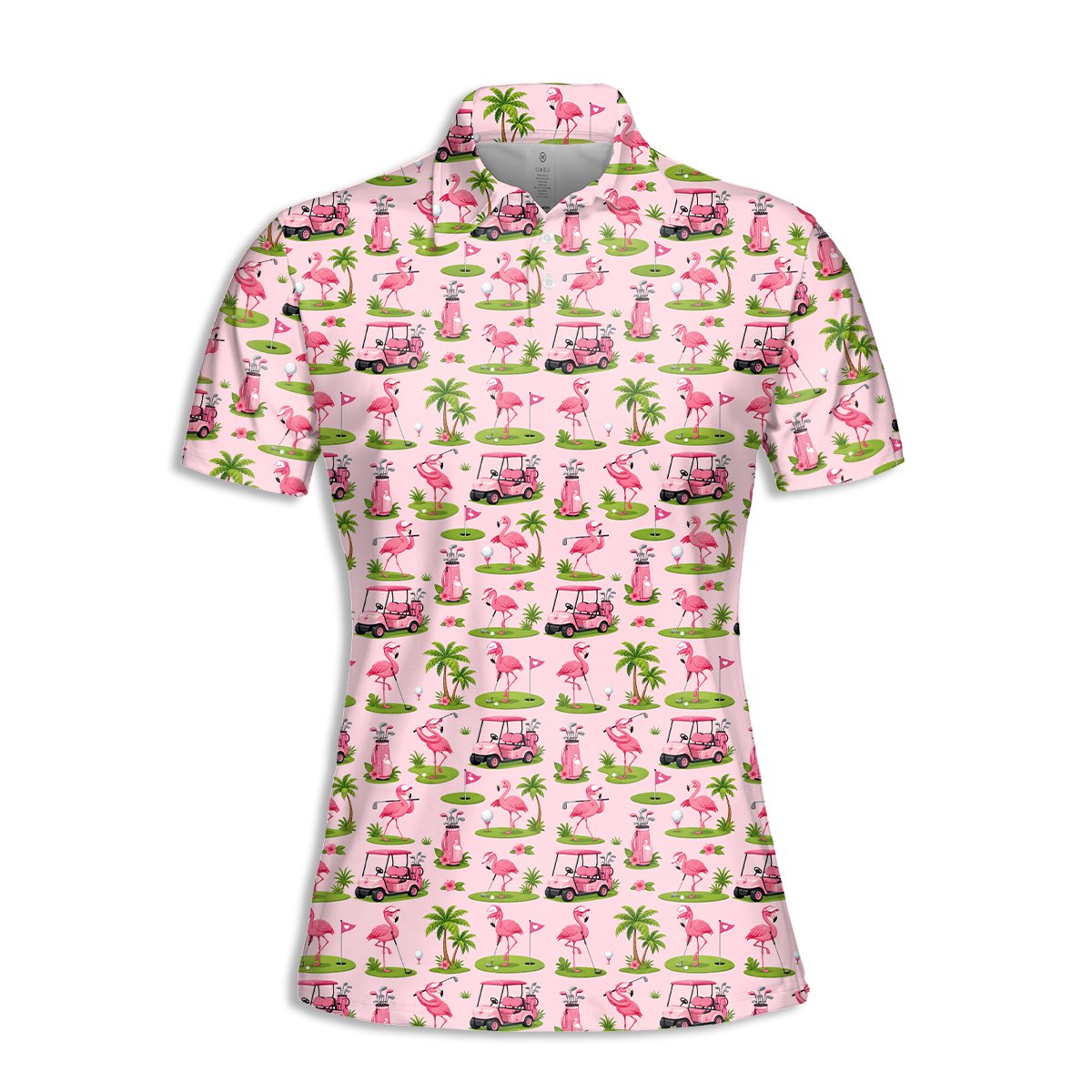Light pink flamingo polo shirt with tropical golf print, main view