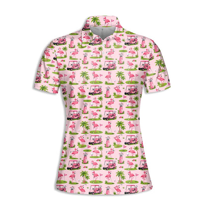 Light pink flamingo polo shirt with tropical golf print, main view