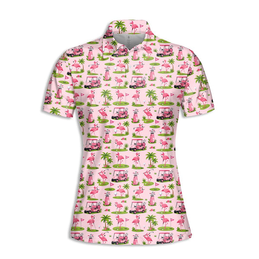 Light pink flamingo polo shirt with tropical golf print, main view