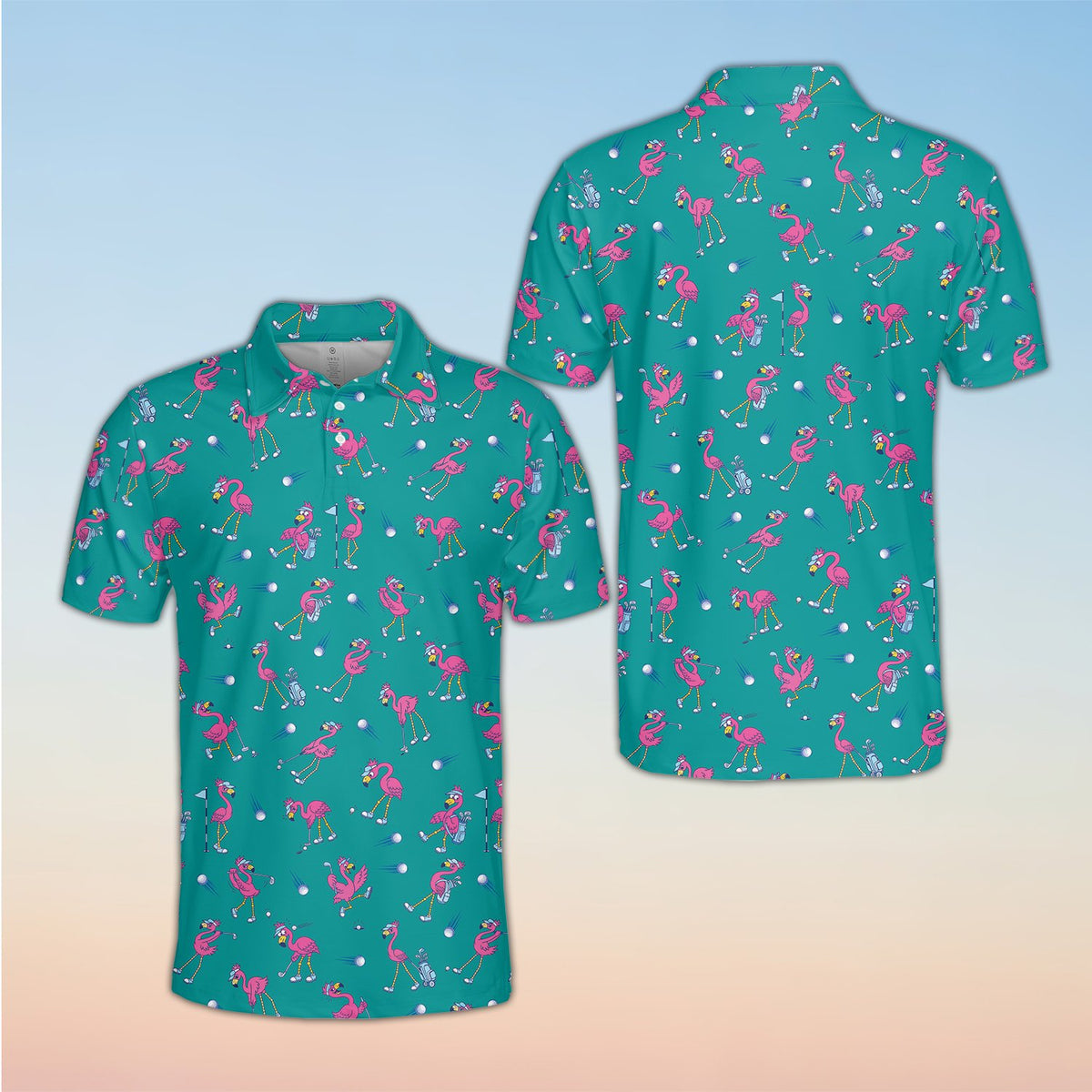 Front view of flamingo print polo shirt in teal