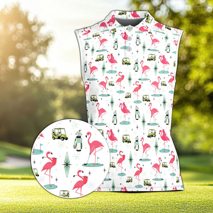 Retro flamingo polo shirt in white with pink flamingos, front view