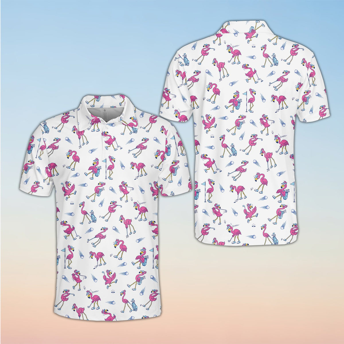 Mens flamingo polo shirt in white featuring cartoon flamingos playing golf