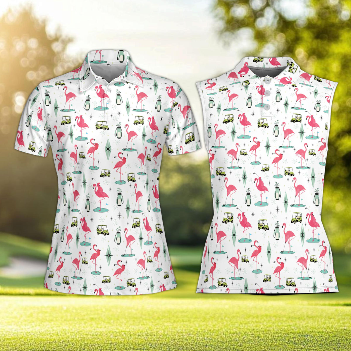 White retro flamingo polo shirt front view
