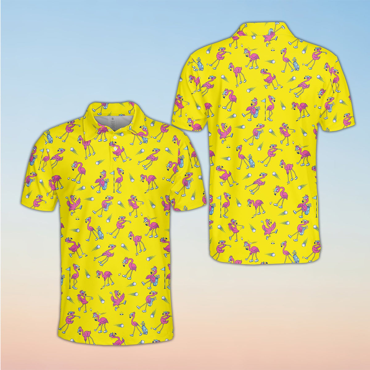 Front view of flamingo print polo shirt in yellow
